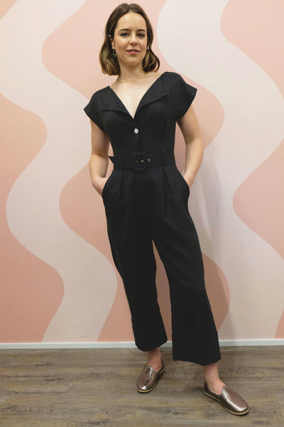 ON A HIGH NOTE | Boat Neck Jumpsuits in Black With White Contrast Buttons