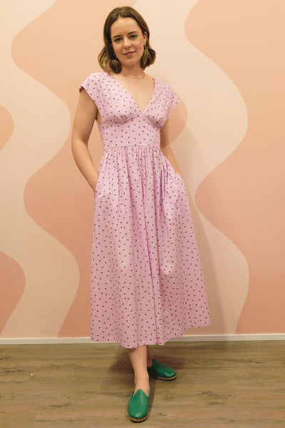 50s Inspired Penny Arcade Fit & Flare Tea Dress With Plunging V neck In Pink Green Polka Dot